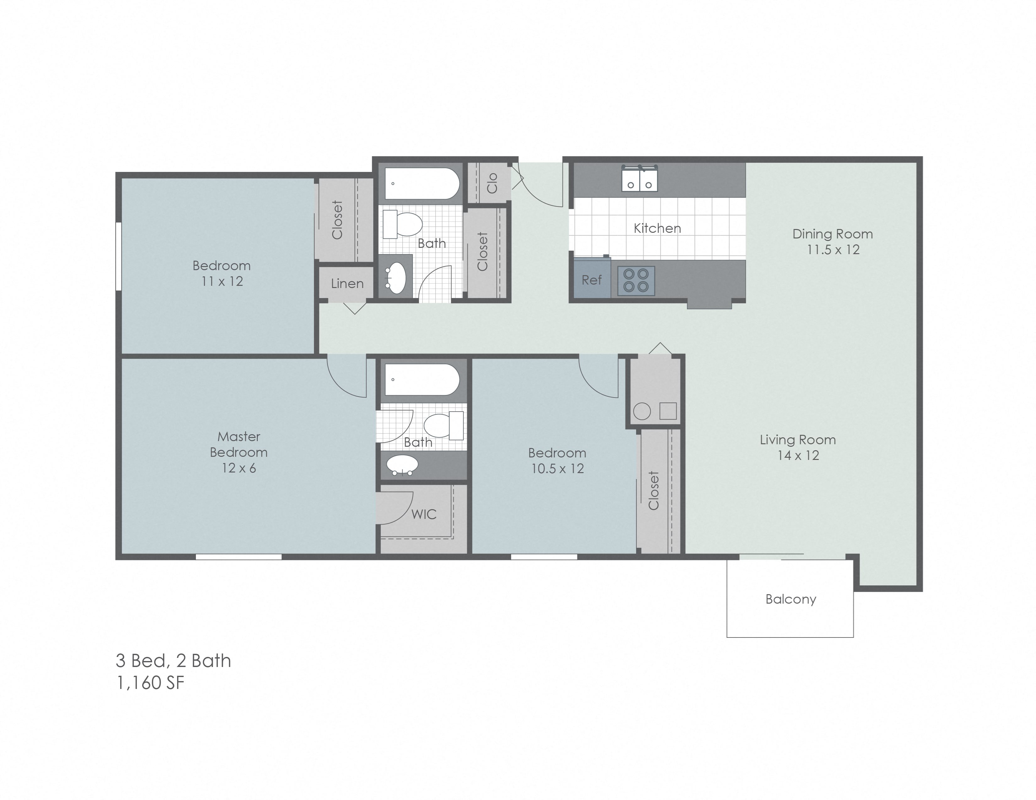 Three bedroom apartment floor plan layout